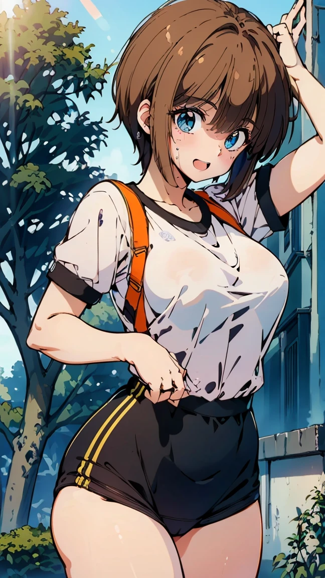 (8K, Raw photo, 最high quality, masterpiece:1.2), High-definition RAW color photo, Professional photo shoot, cinematic light, alone, (((young woman))), (detailed expression), (small face), (high detail skin:1.2), clavicle, cute face, beautiful appearance, attractive big breasts, (slim body shape:1.4, A woman with a slender figure and large breasts), Very detailed face and skin texture, fine eyes, beautiful feet, Thighs with thin and smooth skin, (((embarrassing:1.5))), ((hide one eye:1.2)), ((photo shootのためポーズをとる)), Joy and excitement, sweating:1.37, ((Put your hands behind your body, sexy shot, Gym clothes with short sleeves:1.1, Dark blue bloomers)), ((pervert slut:1.1)), beautiful skin, shiny skin, perfect fingers, five fingers, anatomically correct, background bokeh, high quality, surreal, bright colors, ((f/1.2, 50mm, Lens flare, very detailed, photo shoot)),