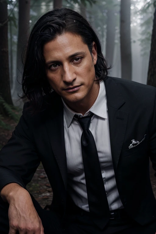 Sasha Roiz, Sean Renard, Teen Wolf, 40 years old, short and messy black hair, brown eyes, black dress jacket, white dress shirt, dark blue tie, black pants, black combat boots. silver pendant, white wolf print. Forest background with fog aura around black color.