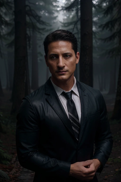 Sasha Roiz, Sean Renard, Wolf, 40 years old, short and messy black hair, brown eyes, black dress jacket, white dress shirt, dark blue tie, black pants, black combat boots. silver pendant, white wolf print. Forest background with fog aura around black color.