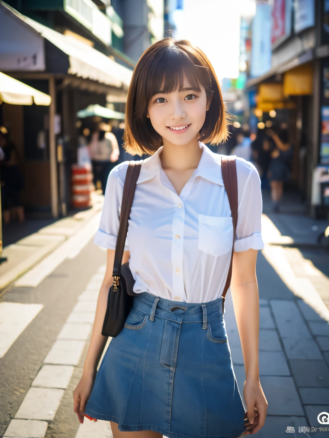 ultra best quality、masterpiece、超hight resolution、depth of fields、(Photorealsitic:1.4)、(awardwinning photo、incredible masterpiece:1.3) 、Raw photography、the golden ratio、the Extremely Detailed CG Unity 8K Wallpapers、Detailed and complex、Original、hight resolution、Raw foto、(perfect body type)、Detailed and complex、Digital SLR、softlighting、(background person blur:1.1)、SIGMA 85 mm F/1.4、50mm Lenac lighting、nffsw、hyper realstic、Color Grade、dynamicposes、Portrait Break、 solo、short-hair:1.4、girl with、Super beauty、(Full body like:1.2)、japanese bodybian、solo)、thighs gap、A smile:1.4、University、cute little high school girl、short-cut、Detailed Realistic、Skin Texture、(realistic human skin texture)、Front view View viewer、natural soft light、Daytime、in a street、deep-shadows、cute little、21 years old BREAK、 a street、The state of the store、akihabara、Shinjuku、with no people、(akihabara:1.2)