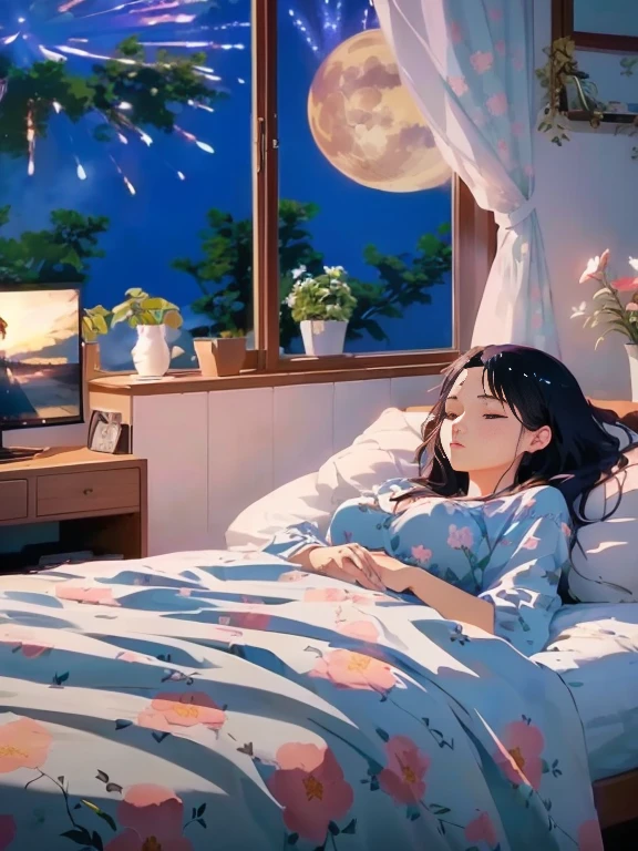 Anime girl lying on the bed watching the fireworks in the sky, Beautiful anime scene, Lo-Fi Girl, Lo-Fi Girl aesthetic, Lofi Artstyle, Anime beautiful peaceful scene, Lofi Art, Realistic anime 3D style, Low-fidelity aesthetics, Anime Background, Anime Aesthetics, Low-fi feel, Popular on cgstation, Artwork in the style of Guweiz, relax