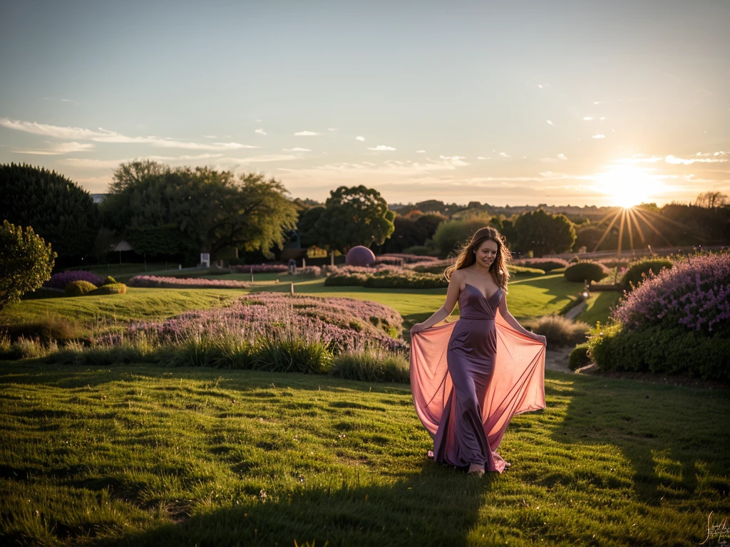 A majestic woman soaring gracefully through the sky, with long flowing hair trailing behind her. She wears an elegant, flowing gown that ripples in the wind, shimmering with shades of blue and silver. Her outstretched arms give the impression of freedom and strength, with perfect hands elegantly poised. The sky around her is a brilliant mix of sunset colors—orange, pink, and purple—casting a magical glow. Wispy clouds float around her, and the light from the setting sun highlights her serene, yet sad and melancholic face. She flies over a lush medieval garden, filled with vibrant flowers and ancient stone pathways. The overall scene is ethereal and dreamlike, capturing a moment of pure liberation and beauty, while maintaining a SFW image.