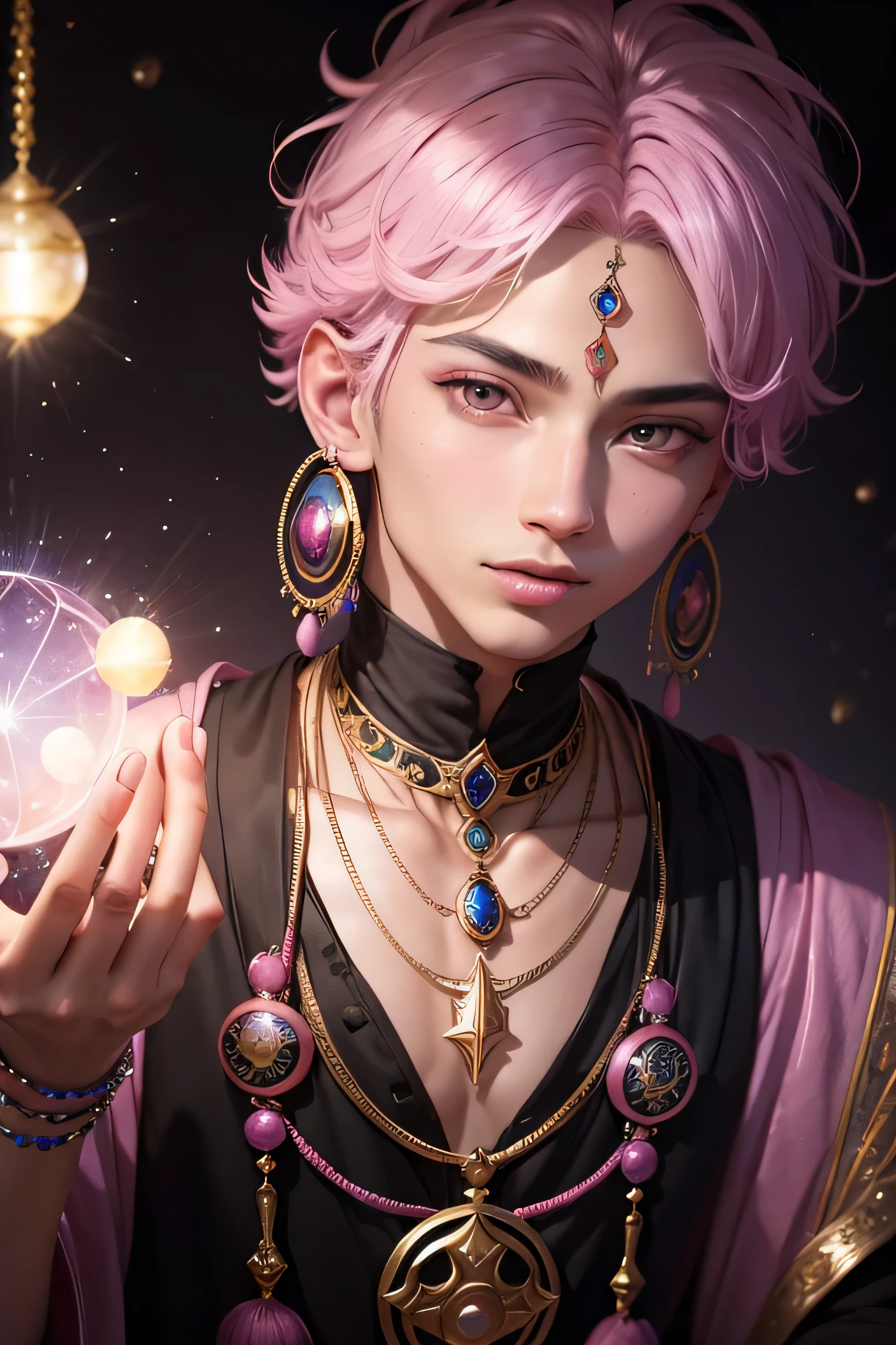 A shining fortune teller adorned with various jewels，Young men，18-year-old，Staring straight into the camera，Big eyes，Mouth slightly open、 in the center，Facing forward，Very bright color, Light Particles, The light shines, Musibu, Wallpaper Art, UHD Wallpaper,Background pink、Divination for meditation、Mysterious