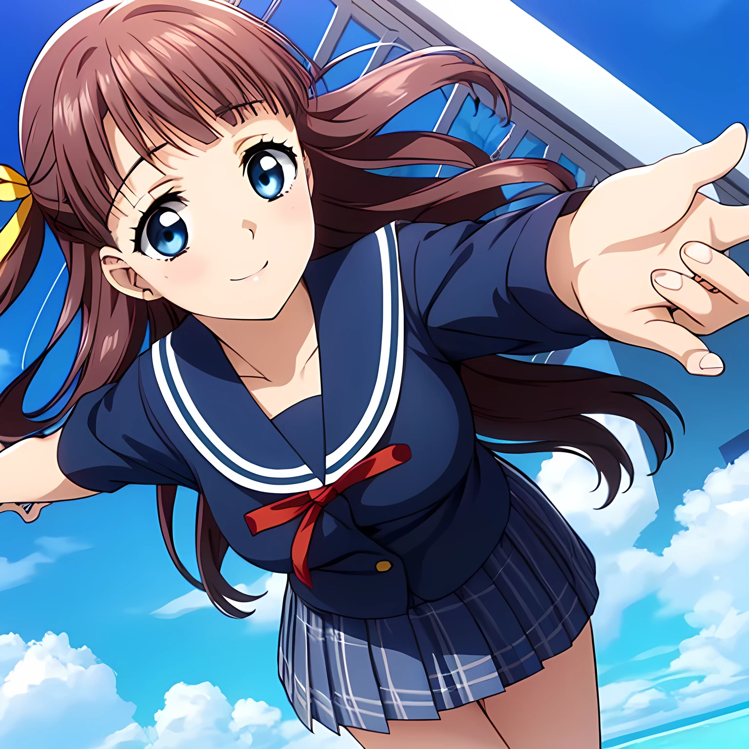 (highest quality, masterpiece:1.2), highest quality, High resolution, 1080p, 8K, CG of the heroine of a beautiful girl game, Height: 158cm, A beautiful woman with a smile falls upside down from the sky like an angel, A face that everyone loves, Glossy lips, Even bangs, Double, Long eyelashes on both the top and bottom, Big wide blue eyes, The very large and thick yellow ribbon bowtie is very cute., Beautiful, shiny red long hair, A long, neat, dark navy pleated skirt, (((A winter sailor uniform in dark navy blue))), Ribbon in hair, Thick calves, Tight waist, ((Many navy blue pleated skirts falling from the sky)), Approaching the viewer with open arms, ((now、God to the viewers々Trying to kiss you)), A very sacred temple in the sky, Shooting from below