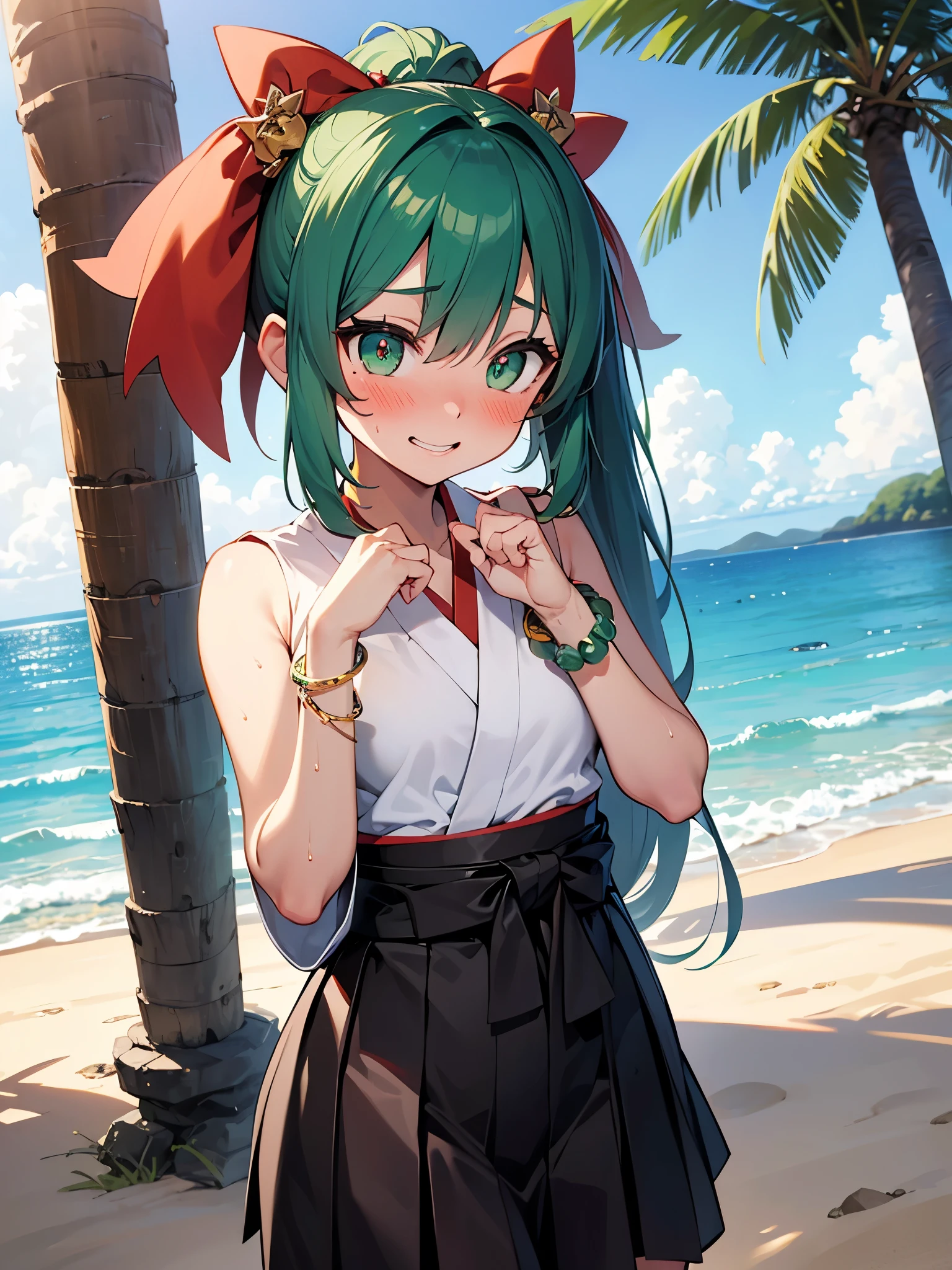 NSFW,Long Hair、Green Eyes、bangs、Pointed Ears、hair ornaments、White Hair、Symbol-shaped pupil、Multicolored Hair、Side Ponytail、Gradient Hair、Green Hair、Hair between the eyes、Cross-shaped pupil、smile、gem、葉っぱのhair ornaments、bracelet,Shrine maiden、kimono、Sleeveless,Hakama Short Skirt,(Sunburn:1.5),(Perfect hands),(Perfect Anatomy),(masterpiece),(highest quality),(Embarrassed:1.5),blush,Shy laugh,beach,Palm tree,Rock Shade