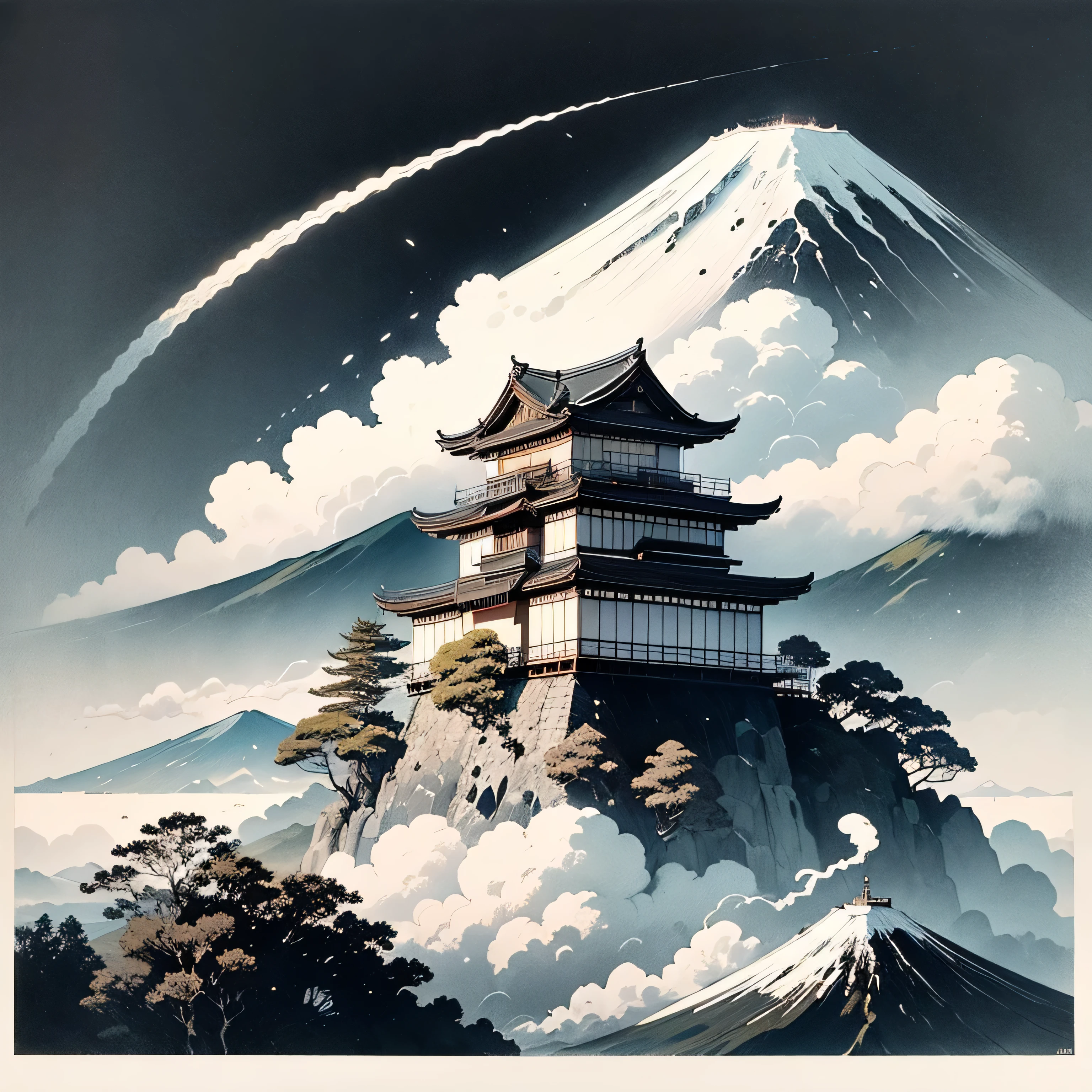 Mount Fuji in the background、(Two-storey)Small Japanese castle(1t)only、Large space、White background only、Black and White、Painting with a brush、Cloudless、No smoke