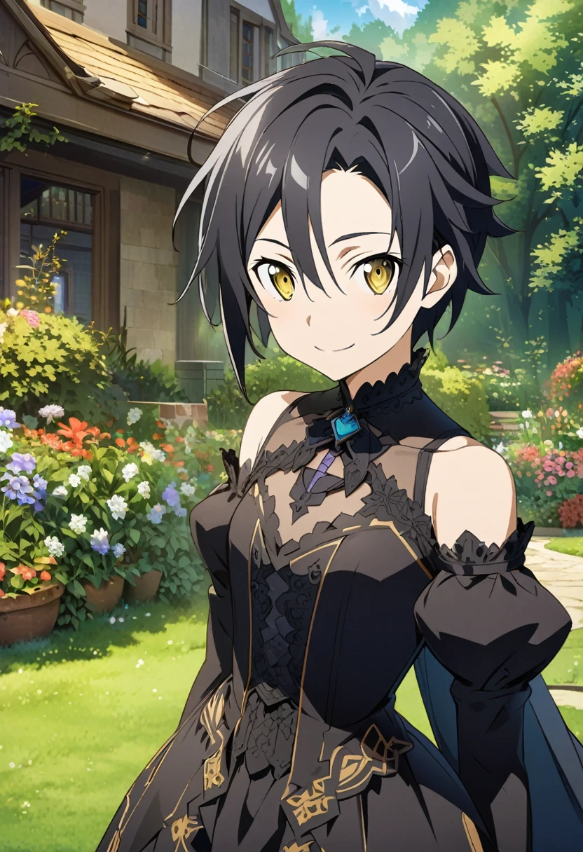 Hyakuya Yuuichiro \(Sword Art Online\), (long black hair), (Golden eyes):1.2, black Victorian dress, bangs, smiling mischievously, ((ultra-detailed)), ((illustration)), (neat hair)), (beautiful detailed eyes), (female), 1girl, standing, ((garden)), looking at viewer
