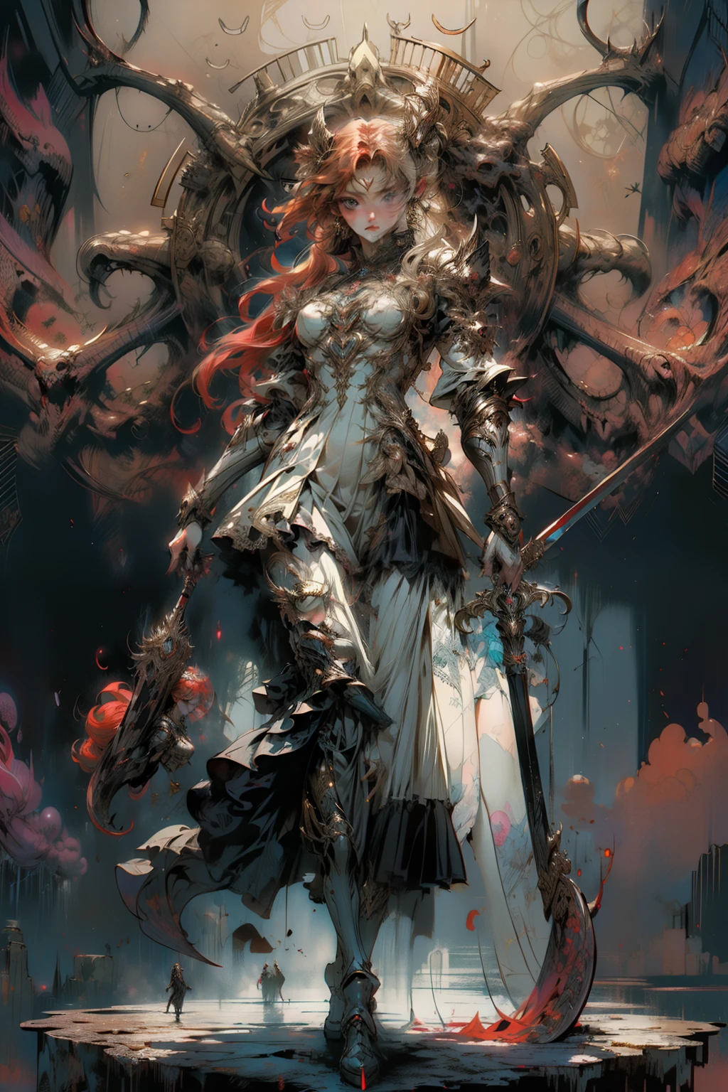 ((best quality)), ((masterpiece)), (detailed), perfect face official art, unity 8k wallpaper, ultra detailed, beautiful and aesthetic, masterpiece, best quality, (zentangle, mandala, tangle, entangle), (fractal art:1.3) , 1girl, extremely detailed, dynamic angle, cowboyshot, the most beautiful form of chaos, elegant, a brutalist designed, vivid colours, romanticism, Bloodborne inspired,  occult aesthetic, occult, detailed and intricate steampunk and detailed gothic, NSFW, Very dramatic and cinematic lighting, cosmic horror, grim-dark, side-lighting, perfect face, a beaituful goddess valkyrie adorned and enshrined in armour, Bloodborne inspired valkyrie, occult aesthetic valkyrie, occult valkyrie, detailed and intricate steampunk and detailed gothic valkyrie, wielding a sword and holding a shield, NSFW, Fluttering lace flared long knee length dress with frilly petticoats, knee length dress, pleated petticoats, lolita dress, petticoats gothic lolita, side-lighting, gothic lolita aesthetic, beautiful small breasts, small breasts, full body, whole body, body, NSFW, full body, whole body, head-to-toe, Vivid colors, detailed armor, engraved metallic armor white and black with gold ascents , intricate designs on the armor, intricate armor engravings, imposing and powerful stance, fierce , flowing hair, dynamic pose, intense battle scene, fantasy setting, vibrant colors, dramatic lighting, epic atmosphere, mythical creatures in the background, magical effects surrounding the sword, attention to anatomy and facial features, iconic use of highlights and shadows, capturing emotion, masterful composition, portraying strong female characters, (1 Men 1.5），Hades，The Grim Reaper armed with a giant scythe,，(Hairstyles: Red curls，)，Beard, Roman mythology，8k wallpaper,finely quality eyes，Right eyes，correct hand， Ultra-detailed, Beautiful and aesthetically pleasing,  best qualityer, (s fractal art: 1.3), Machine detailed, dynamic angle, Cowboy shot, The most beautiful forms of chaos, e