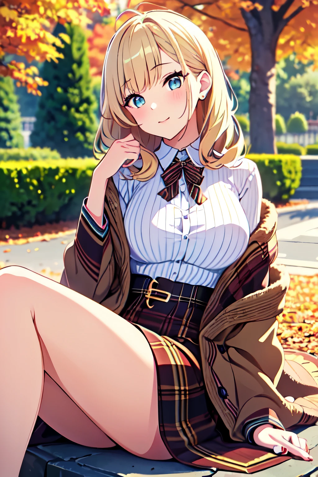 best quality, masterpiece, high resolution, steam punk,//A park filled with autumn foliage, lady wearing cropped shirt, cozy blanket, blonde hair, sexy pose, sexy body