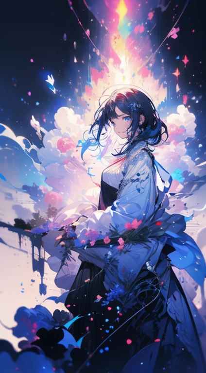 gente masculina、Character designs、（（（one gente masculina）））、Gente masculina face、alto、el de pelo largo、Vistiendo un abrigo、estrellas、petals、estilo acuarela、profundidad de campos、The depth of the atmosphere.、print、Super precision、4k、8k、calidad de imagen de alto nivel、texturas delicadas、Rodeado de muchas flores coloridas.