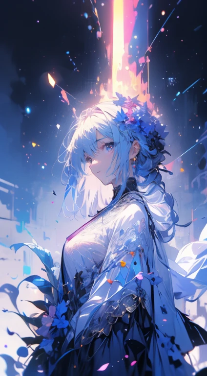 gente masculina、Character designs、(((one gente masculina)))、Gente masculina face、alto、el de pelo largo、Vistiendo un abrigo、estrellas、petals、estilo acuarela、profundidad de campos、The depth of the atmosphere.、print、Super precision、4k、8k、calidad de imagen de alto nivel、texturas delicadas、Rodeado de muchas flores coloridas.