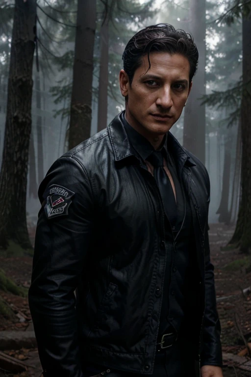 Sasha Roiz, Sean Renard, Wolf, 40 years old, short and messy black hair, brown eyes, black dress jacket, white dress shirt, dark blue tie, black pants, black combat boots. silver pendant, white wolf print. Forest background with fog aura around black color.