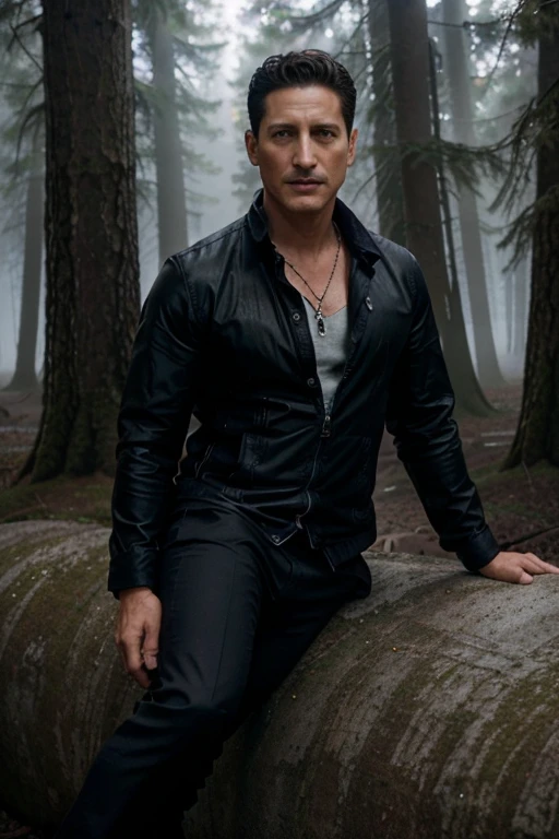 Sasha Roiz, Sean Renard,  Wolf, 40 years old, short and messy black hair, brown eyes, black dress jacket, white dress shirt, dark blue tie, black pants, black combat boots. silver pendant, white wolf print. Forest background with fog aura around black color.