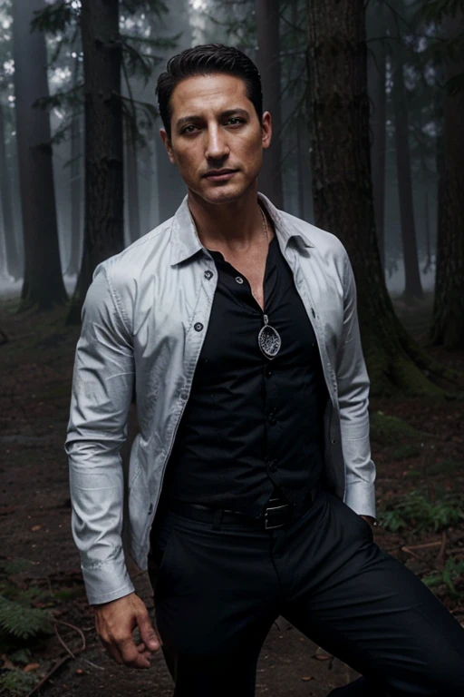 Sasha Roiz, Sean Renard, Teen Wolf, 40 years old, short and messy black hair, brown eyes, black dress jacket, white dress shirt, dark blue tie, black pants, black combat boots. silver pendant, white wolf print. Forest background with fog aura around black color.