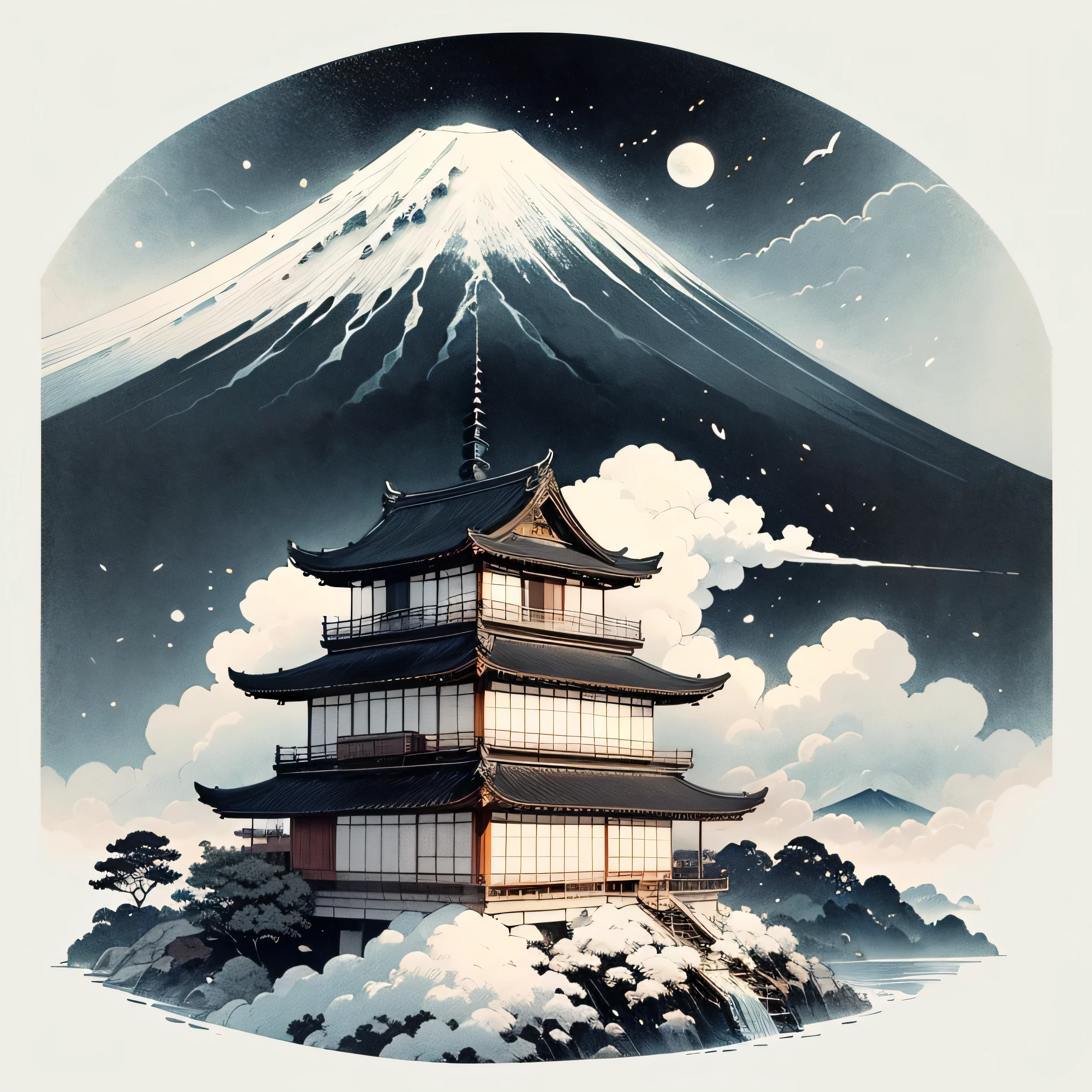 Mount Fuji in the background、(Two-storey)Small Japanese castle(1t)only、Large space、White background only、Black and White、Painting with a brush、Cloudless、No smoke