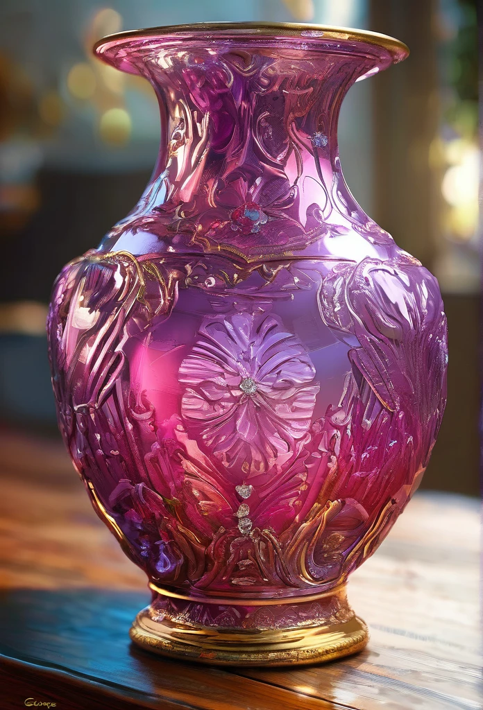 [A 4D Translucent Lavender Large Vase with intricate patterns glistening in a Pink etched color], (a flawless Magenta and Red rose in Pure 24kt Gold sits inside with Beautiful Diamonds beneath it, bright, contoured, beveling, mirroring, Highlight, features: 1.3),
(RAW photo, 32k, masterpiece, best quality: 1.2), (ultra realism, hyper detailed and intricate realism: 1.3), (wide depth of field, radiant mapping, ray tracing, god rays: 1.2), resting on a wood plank table in an elaborate environment, High dynamic range, vivid, rich details, clear shadows and highlights, realistic, intense, enhanced contrast, Bright, contoured, elegant,ornate, Masterpiece 