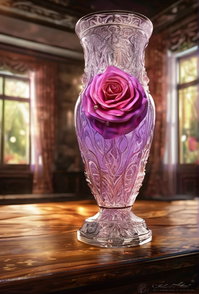 [A 4D Translucent Lavender Large Vase with intricate patterns glistening in a Pink etched color], (a flawless Magenta and Red rose in Pure 24kt Gold sits inside with Beautiful Diamonds beneath it, bright, contoured, beveling, mirroring, Highlight, features: 1.3),
(RAW photo, 32k, masterpiece, best quality: 1.2), (ultra realism, hyper detailed and intricate realism: 1.3), (wide depth of field, radiant mapping, ray tracing, god rays: 1.2), resting on a wood plank table in an elaborate environment, High dynamic range, vivid, rich details, clear shadows and highlights, realistic, intense, enhanced contrast, Bright, contoured, elegant,ornate, Masterpiece 