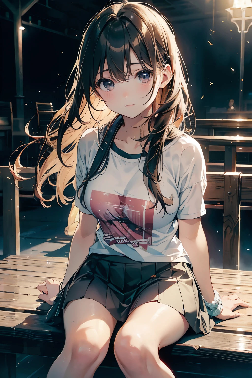 Official Art, unity 8k wallpaper, Super detailed, masterpiece, highest quality, One Woman, (Very detailed),(RAW Photos、highest quality)、(Realistic、Realistic:1.3)、High resolution、顔のVery detailed複雑な3Dレンダリング、(Very detailed皮膚:1.2)、Dynamic Angle, Fire glow effect, Professional Lighting, Side light, Cinematic Light, 超A high resolution, 8k , Film Grain,Best Shadow, Particles of light, Detailed skin texture, Detailed face, Intricate details, Super detailed, Shine, Remember、whole body, Tennis court、Beautiful Face、Blurred Background、18 year old beautiful girl、Shine肌、Twin tails、Beautiful brown hair、Grey Eyes、Strong winds、Ocean、Sit on the embankment、(T-Shirts、mini skirt)、White panties、Pink hair