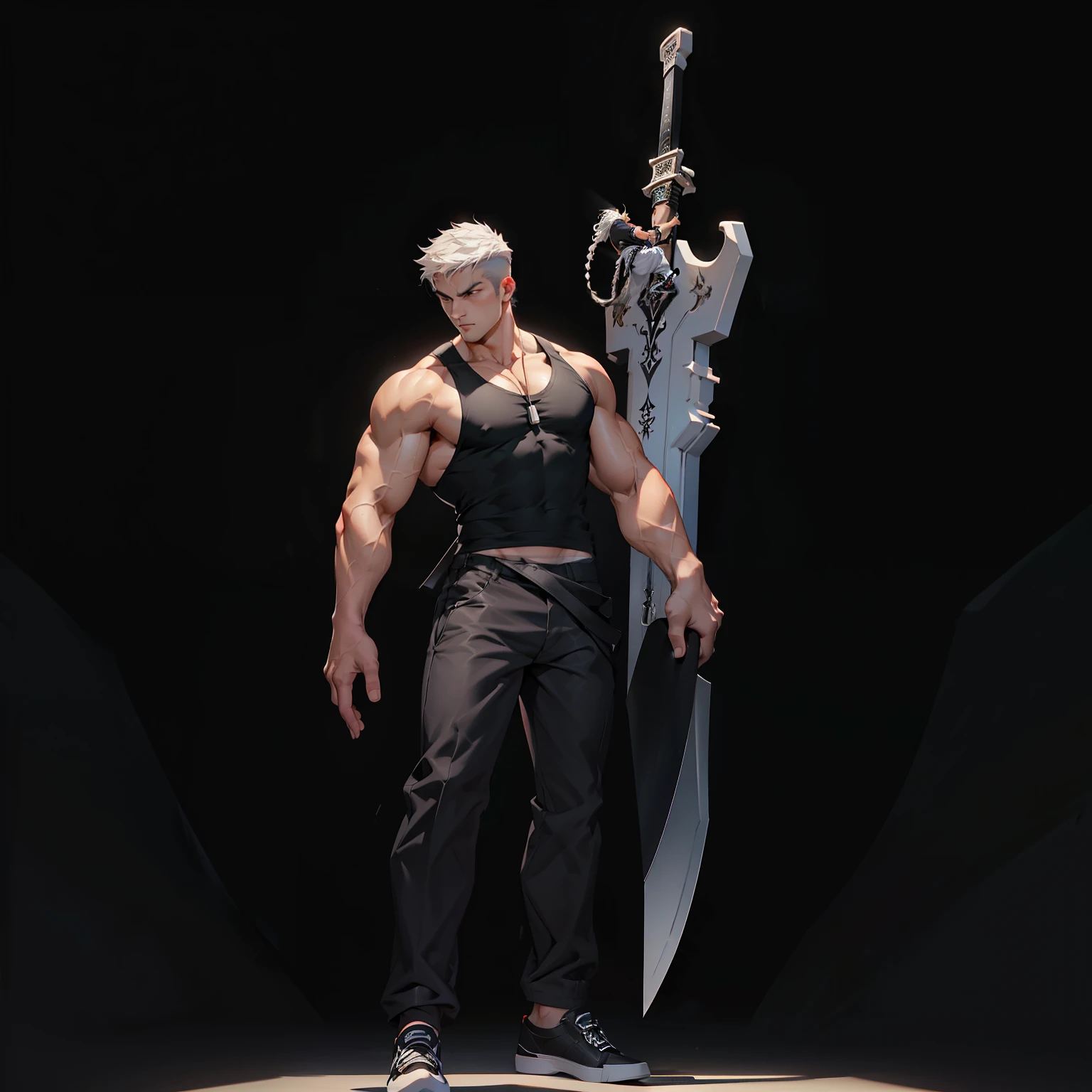 boys 26 Years old, Serious face, muscular, long hair, wearing (white round neck shirts), sleeveless shirts, ((black trousers)), ((black slip-ons shoes)), ((standing pose)), holding giant sword, standing on ocean, stormy weather