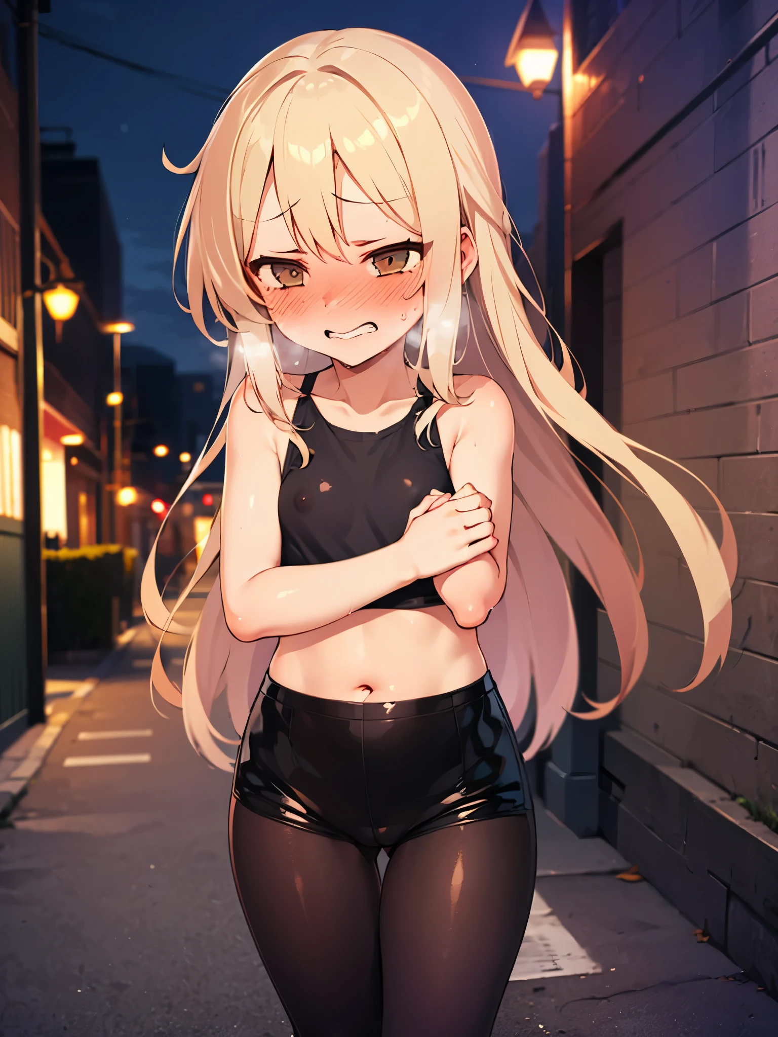 NSFW,(One girl:1.5),Blonde,Very long hair、Messy Hair、Flat Chest,Tank top,cropped,High leg shorts,pantyhose,(Perfect hands),(Perfect Anatomy),(masterpiece),(highest quality),(Embarrassed:1.5),blush,Shy laugh,Downtown at night,Back Alley,Street lamp