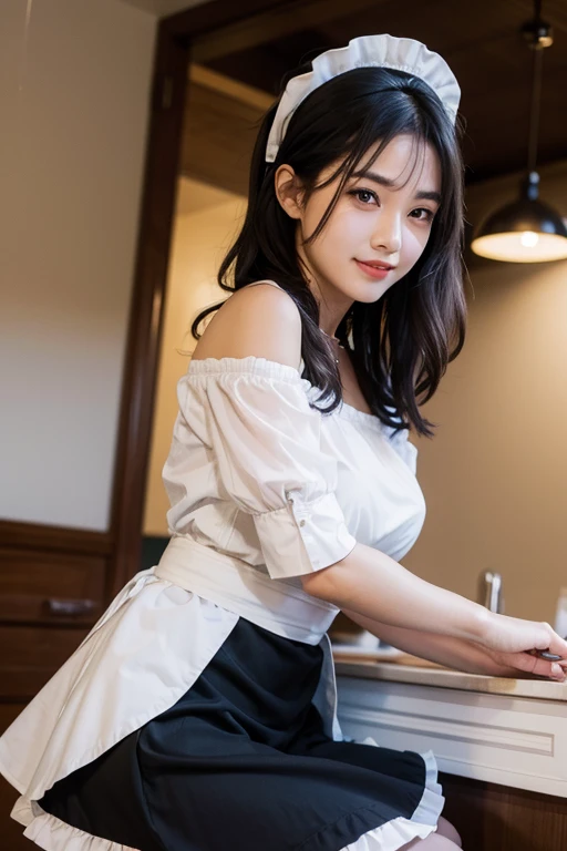 Highly detailed CG Unity 8k wallpaper, With the highest quality, super detailed, ​master piece, Realistic, photos realistic, extremely detailed cute girl, 25 years old , (Cute Maid Costume ),  Smile , Round eyes, Large breasts , looking viewer, Half body shot  , kitchin , Making breakfast ,  Ponytail