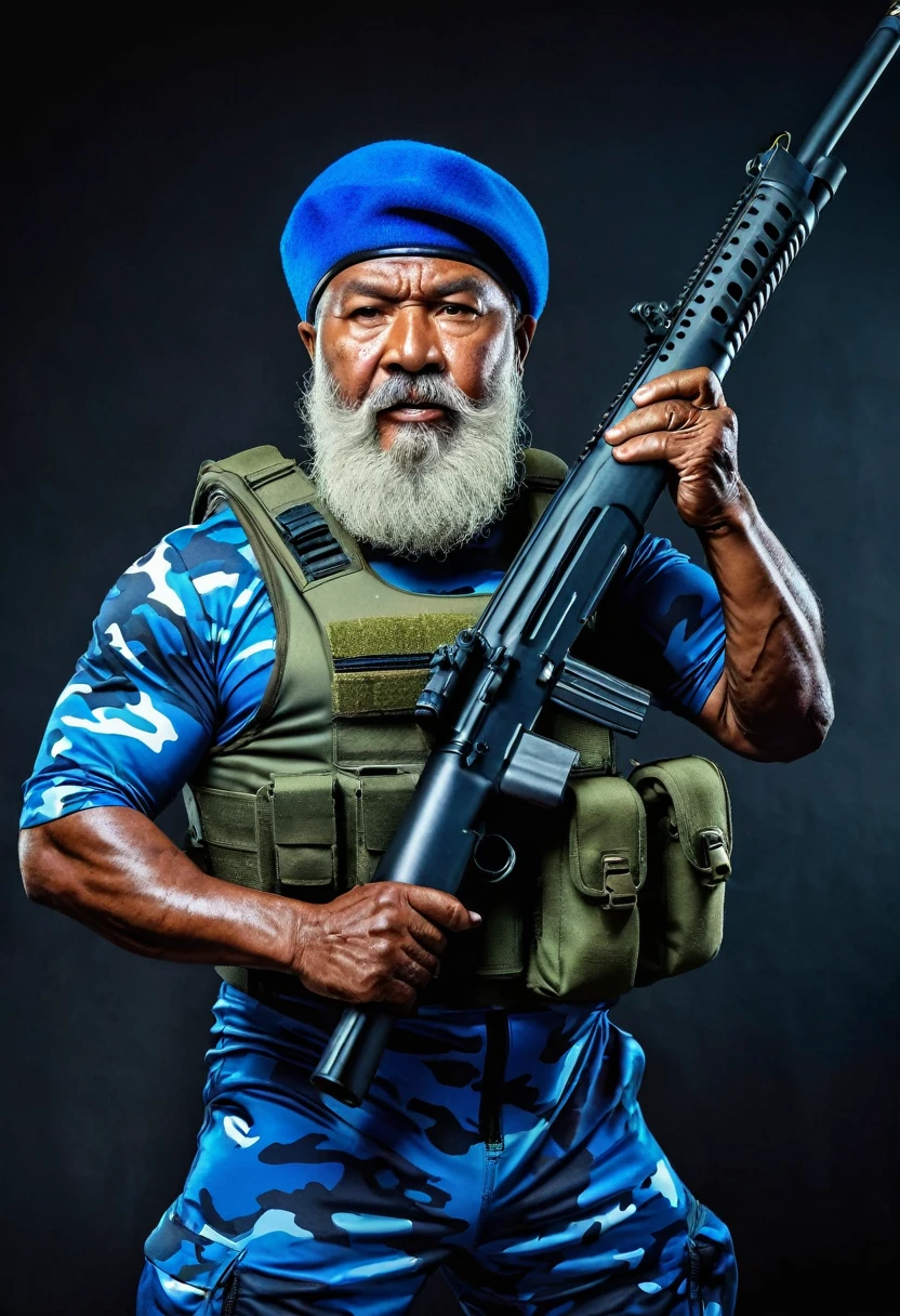 (a dark-skinned bearded fat elderly old man in a skintight zipper camouflage diver suit) holding a gun and (wearing blue army beret on his head), muscular physique, toned muscles, Basuki Abdullah, sumatraism, action, a character portrait, full round face, heroic, roaring