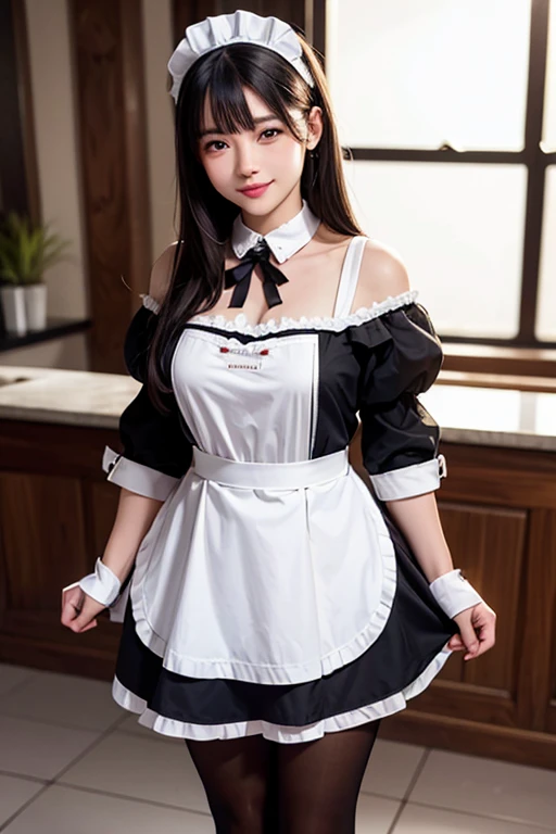 Close-up of a woman wearing a maid outfit, smile, laughter, off shoulder, no sleeves, masterpiece, realistic, sharp focus, (realistic:1.3), ultra high res, 8k, RAW photo, best quality, detailed shadow, amazing, finely detail, sharp focus, (shine light on face:1), (Volumetric lighting:1.4), 1 girl, long hair, black hair, large breasts, heart-shaped face,Full lips,(maid:1.4), black pantyhose, loafers, standing, cafe, from below, looking at viewer