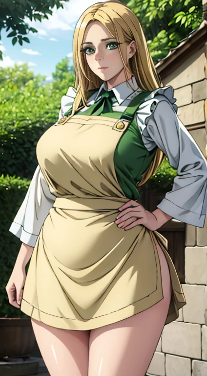  Cute girl, medium breast, MILF, thigh legs, Long blonde hair, hair over shoulder, green eyes, (Wearing flesh-colored fabrics) , white apron,  long skirt, full sleeves dress, fat girl, fat shaped body, ultra realistic squinting sexy eyes , fat arms, kitchen apron , standing, thigh legs, green colour eyes, ultra realistic detailed shiny green eyes, beautiful and perfect face, sunlight and garden background, blonde hair, bright green colour eyes