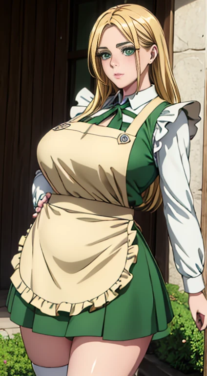 Cute girl, medium breast, MILF, thigh legs, Long blonde hair, hair over shoulder, green eyes, (Wearing flesh-colored fabrics) , white apron, long skirt, full sleeves dress, fat girl, fat shaped body, ultra realistic squinting sexy eyes , fat arms, kitchen apron , standing, thigh legs, green colour eyes, ultra realistic detailed shiny green eyes, beautiful and perfect face, sunlight and garden background, blonde hair, bright green colour eyes