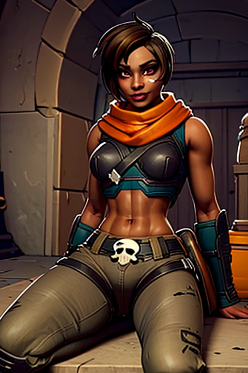 Kinessa, cabelo castanho curto, olhos vermelhos, tonificado, orange scarf, Band-aid na bochecha, luvas sem dedos, cinto com caveira, botas, corte superior, pants, 1 garota, Sozinho, visualizador de frente, olhando para o espectador, sorriso