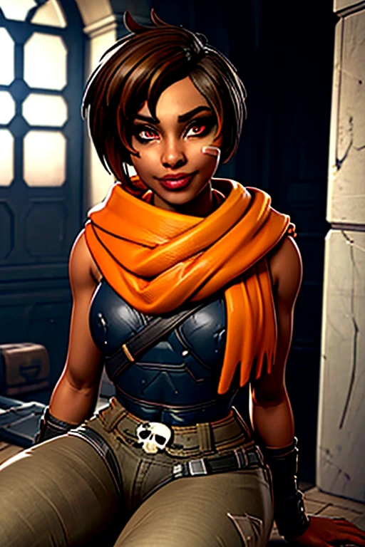 Kinessa, cabelo castanho curto, olhos vermelhos, tonificado, orange scarf, Band-aid na bochecha, luvas sem dedos, cinto com caveira, botas, corte superior, pants, 1 garota, Sozinho, visualizador de frente, olhando para o espectador, sorriso