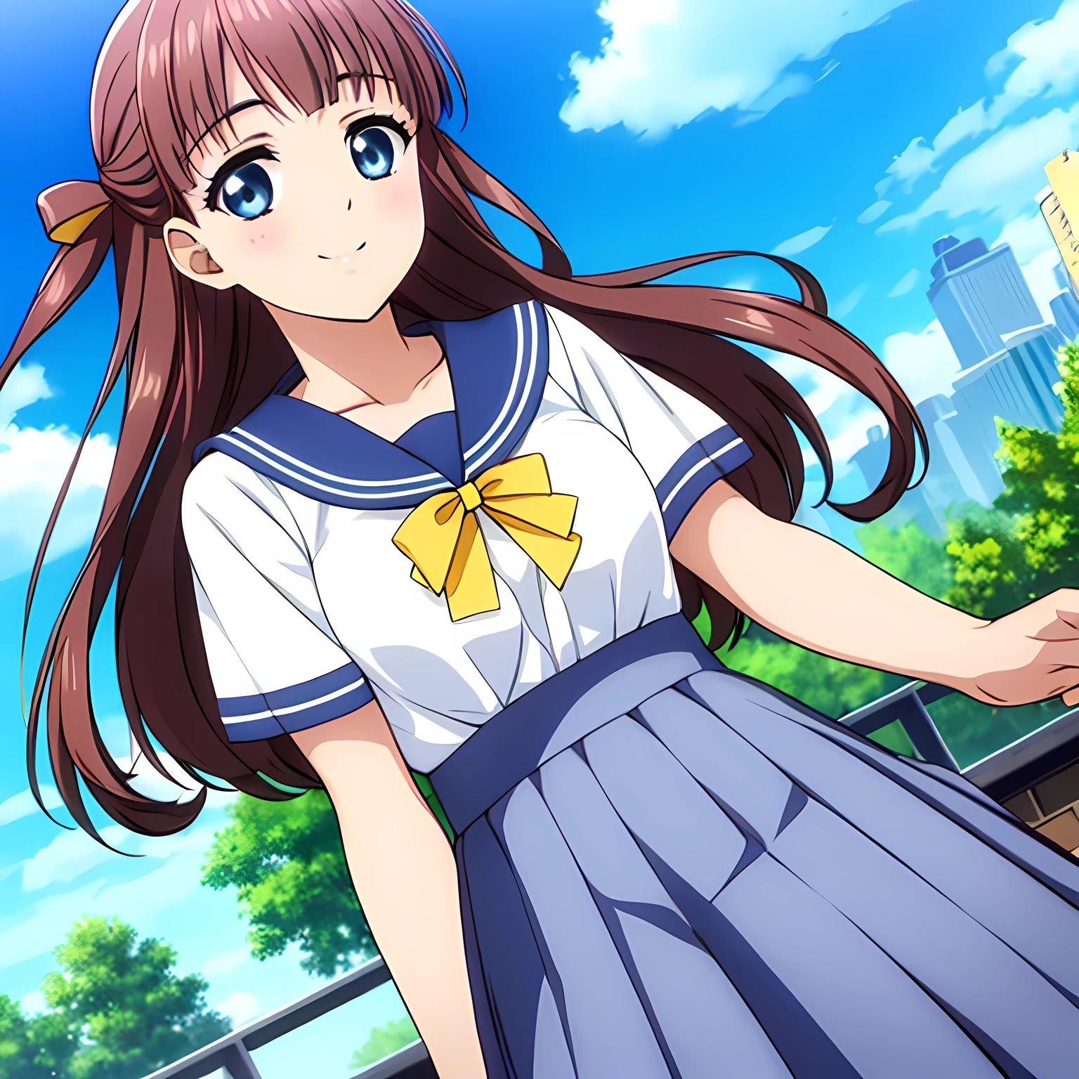 (highest quality, masterpiece:1.2), highest quality, High resolution, 1080p, 8K, CG of the heroine of a beautiful girl game, Height: 158cm, A beautiful woman with a smile falls upside down from the sky like an angel, A face that everyone loves, Glossy lips, Even bangs, Double, Long eyelashes on both the top and bottom, Big wide blue eyes, The very large and thick yellow ribbon bowtie is very cute., Beautiful, shiny red long hair, A long, neat, dark navy pleated skirt, (((A winter sailor uniform in dark navy blue))), Ribbon in hair, Thick calves, Tight waist, ((Many navy blue pleated skirts falling from the sky)), Approaching the viewer with open arms, ((now、God to the viewers々Trying to kiss you)), A very sacred temple in the sky, Shooting from below