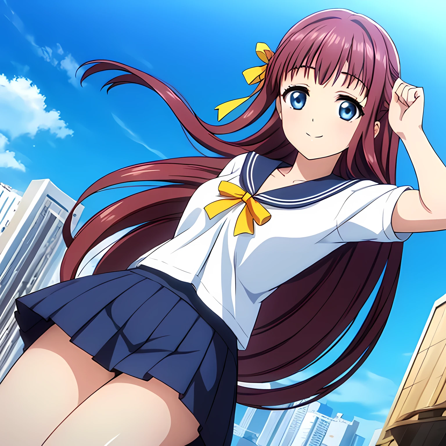 (highest quality, masterpiece:1.2), highest quality, High resolution, 1080p, 8K, CG of the heroine of a beautiful girl game, Height: 158cm, A beautiful woman with a smile falls upside down from the sky like an angel, A face that everyone loves, Glossy lips, Even bangs, Double, Long eyelashes on both the top and bottom, Big wide blue eyes, The very large and thick yellow ribbon bowtie is very cute., Beautiful, shiny red long hair, A long, neat, dark navy pleated skirt, (((A winter sailor uniform in dark navy blue))), Ribbon in hair, Thick calves, Tight waist, ((Many navy blue pleated skirts falling from the sky)), Approaching the viewer with open arms, ((now、God to the viewers々Trying to kiss you)), A very sacred temple in the sky, Shooting from below