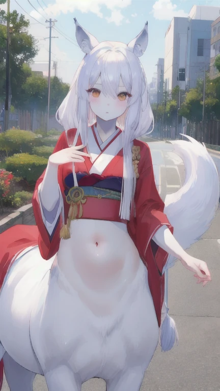 (best quality, masterpiece), 1 girl, centaur, It takes, White skin, Japanese , exposing the abdomen,belly on t-shirt, 아름다운 소녀 perfect wolf photo, perfect wolf photo