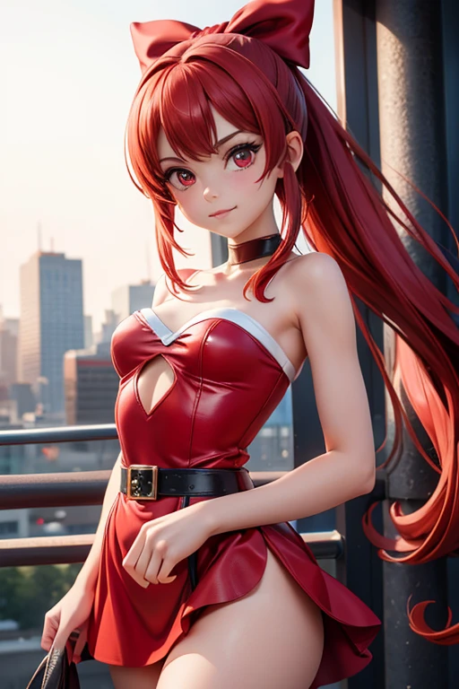 Asuka Langley Soryu, neon genesis evangelion anime, sexy girl, semidesnuda, nacionalidad alemana, poderosa, vestido amarillo, YOUNG, skynny body, small and beautiful buttocks, toned abdomen, small and beautiful breasts, obscene, sensual, malevolent, Eva 03 color rojo en el fondo, edificios in the background, dramatic background, nubes, ciudad de Tokyo 3, pose de batalla, el cielo esta resplandeciente, el sol ilumina su belleza, sensual look, cuerpo completo, beautiful blue eyes, classic hairstyle,Hair dyed in bright red color, best quality,4k,8k,A high resolution,masterpiece,ultra detailed,Realistic, Photorealistic,photo realistic