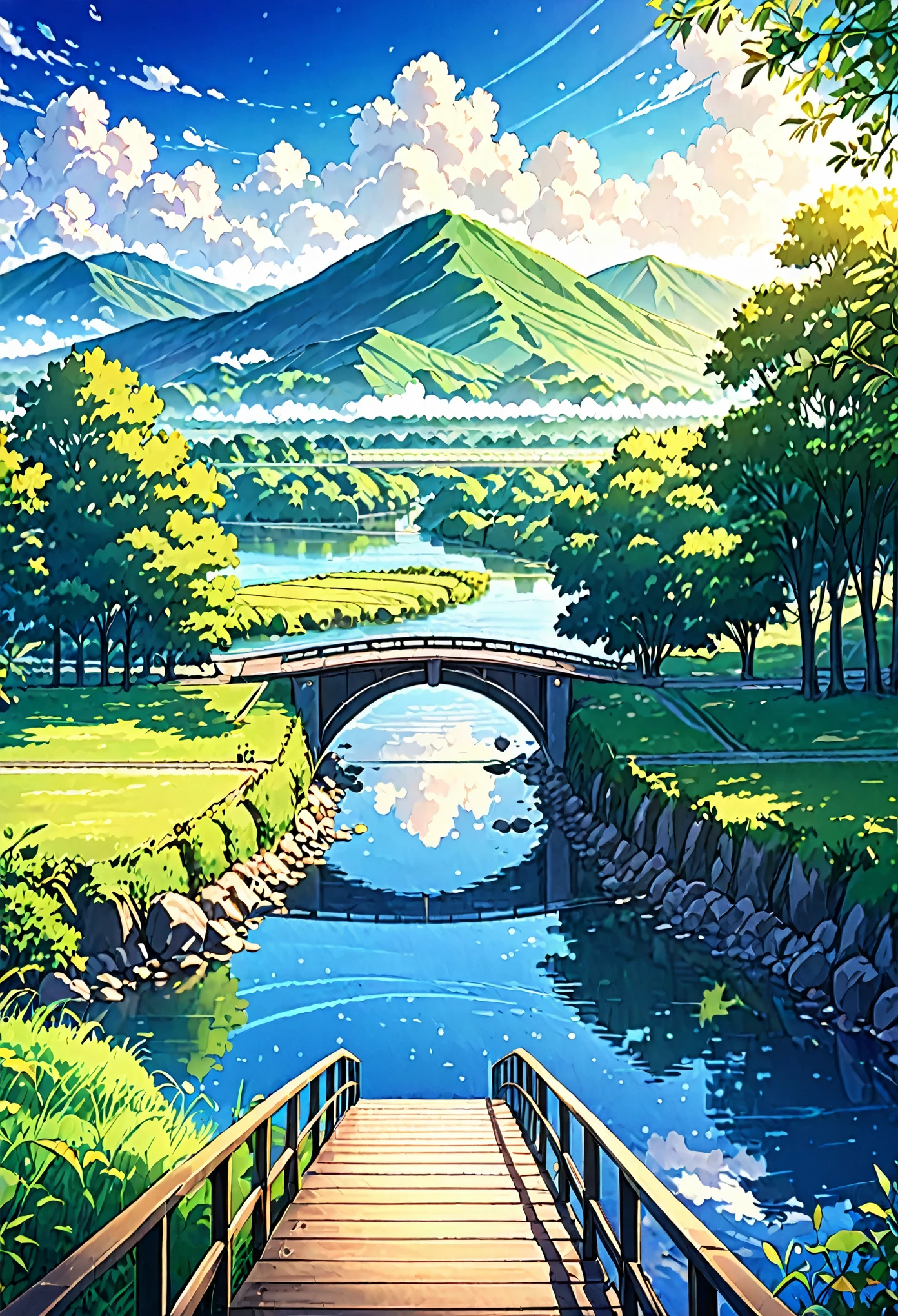 anime scenery of a bridge over a river with a sky background, beautiful anime scenery, anime landscape wallpaper, anime scenery, anime nature, anime nature wallpap, anime landscape, anime background art, anime background, anime beautiful peace scene, beautiful anime scene, wallpaper anime blue water, anime countryside landscape, detailed scenery —width 672, scenery artwork
