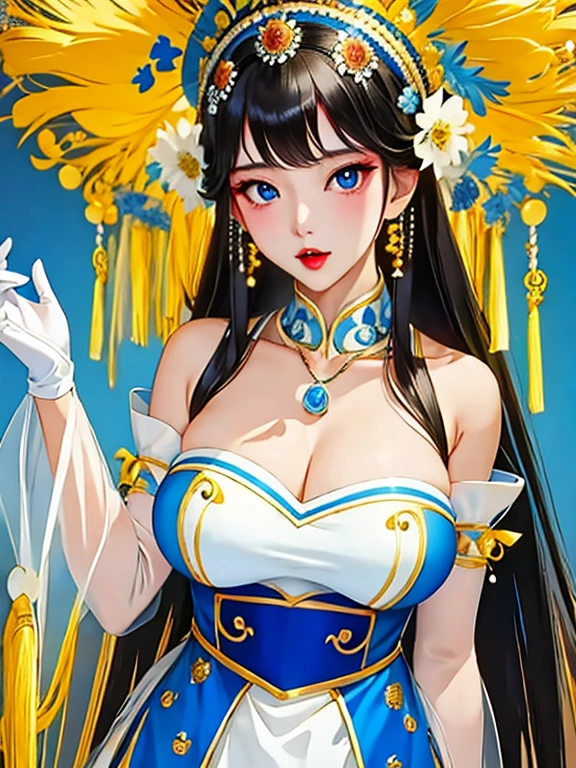 Sagisawa Fumika, 1 Girl, Solitary, watch, pendant watch, blue eyes, breast, Gloves, Headdress, skirt, long hair, cleveage, looking at the audience, white Gloves, Bare shoulders, open mouth, large breast, Strapless, Necklace, blush, white skirt, Black Hair, brown hair, Hair between the eyes, Strapless skirt, clavicle, Smile, Bangs, on stage,