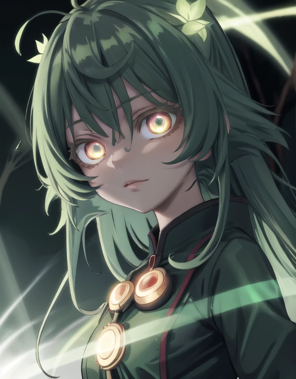 anime girl with green eyes in the dark surrounded by leaves, green glowing eyes, with glowing eyes, magical glowing eyes, anime lush john 8k woods, dark glowing rain, glowing eyes everywhere, eerie glowing eyes, glowing eyes, eyes glowing, numerous dimly glowing eyes, anime style. 8k, glowing green eyes, glowing magical eyes, very glowing eyes