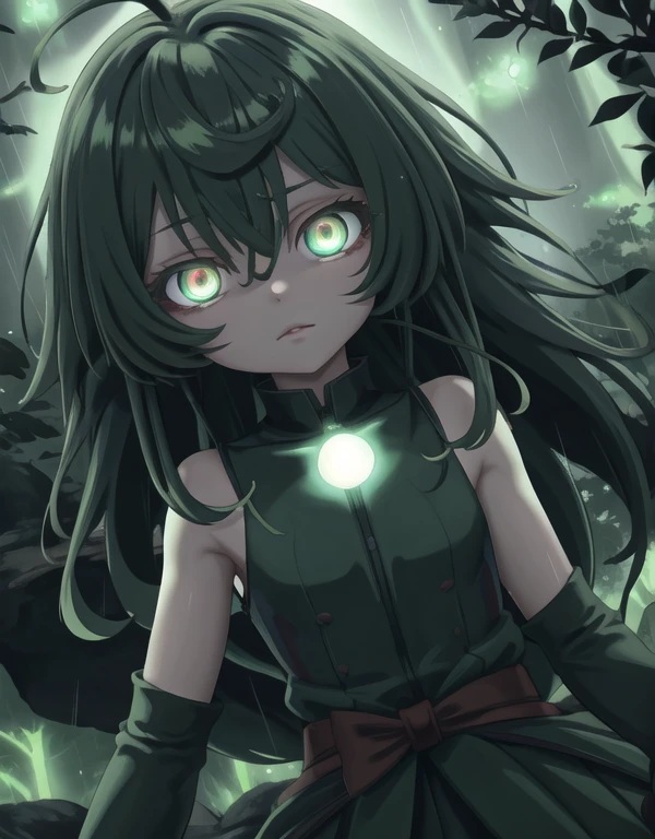 anime girl with green eyes in the dark surrounded by leaves, green glowing eyes, with glowing eyes, magical glowing eyes, anime lush john 8k woods, dark glowing rain, glowing eyes everywhere, eerie glowing eyes, glowing eyes, eyes glowing, numerous dimly glowing eyes, anime style. 8k, glowing green eyes, glowing magical eyes, very glowing eyes