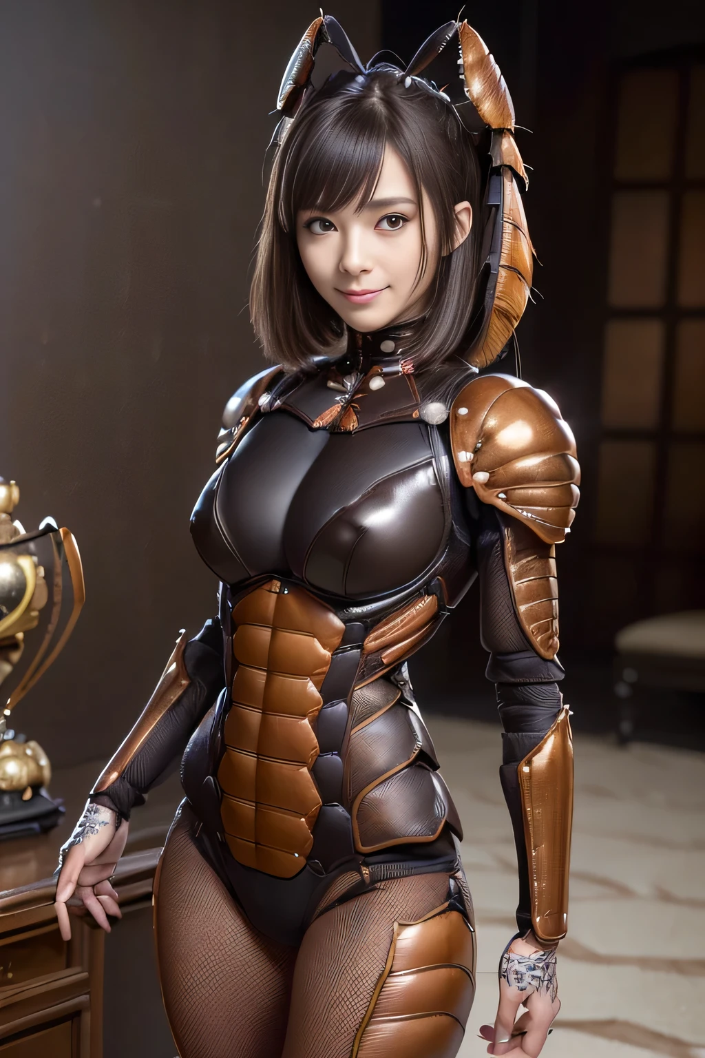 (high resolution,masterpiece,best quality,extremely detailed CG, anime, official art:1.4), realistic, photo, amazing fine details, all intricate, gloss and shiny,awesome many layers, 8k wall paper, 3d, sketch, kawaii, illustration,( solo:1.4), perfect female proportion,villainess, (fusion of dark brown cockroach and lady:1.4), (brown cockroach form lady:1.2), (brown cockroach lady:1.2), (fusion:1.2), (solo:1.4), (evil smile:1.2), muscular, abs, (cockroach brown exoskeleton bio insect suit:1.4), (cockroach brown exoskeleton bio insect armor:1.2), (brown transparency cockroach wing:1.4), (brown cockroach antennae:1.3),