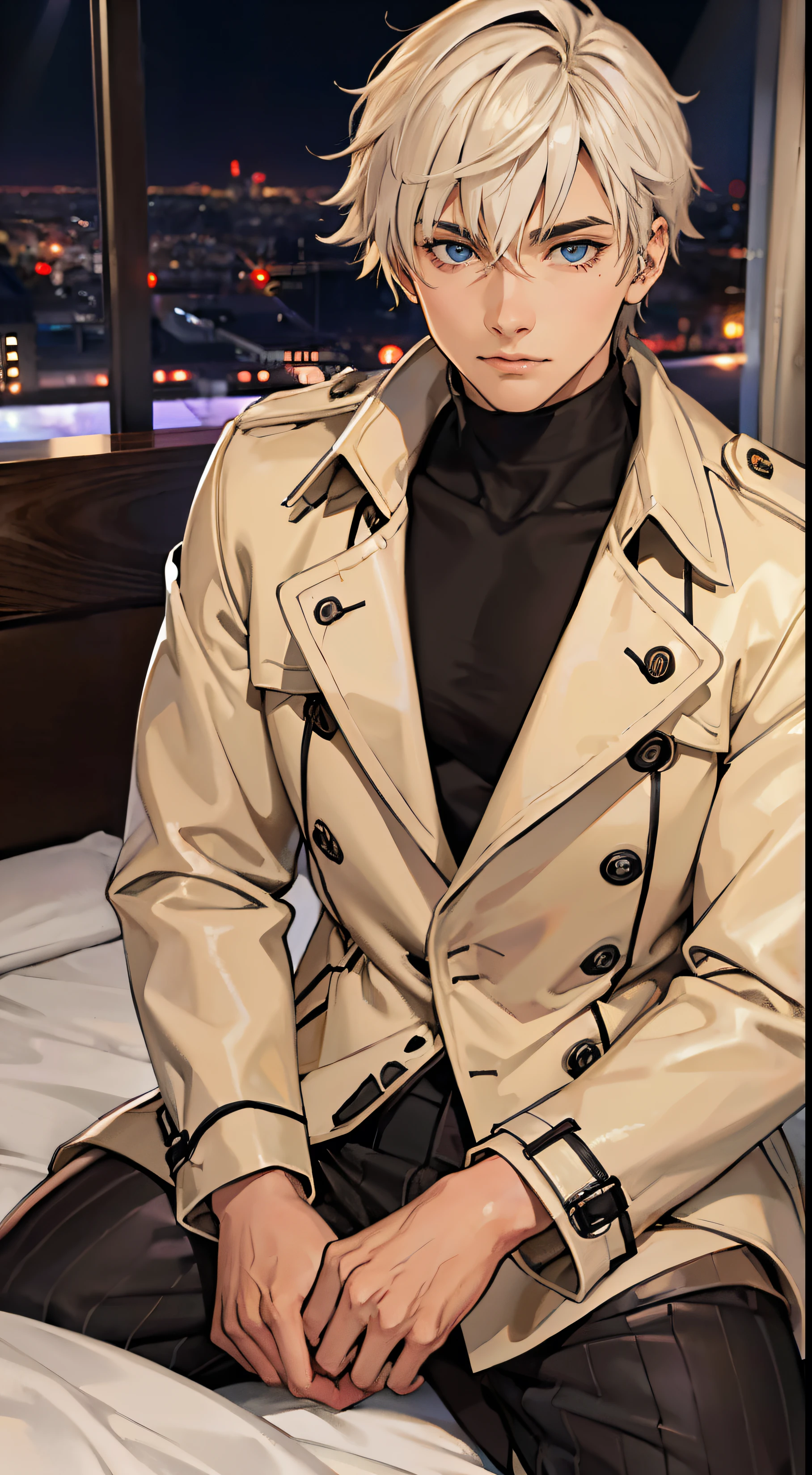 beautiful young boy, ivory trench coat, Night, black ribbed turtleneck, Anime-like faces, There are condoms on the beds at love hotels...
