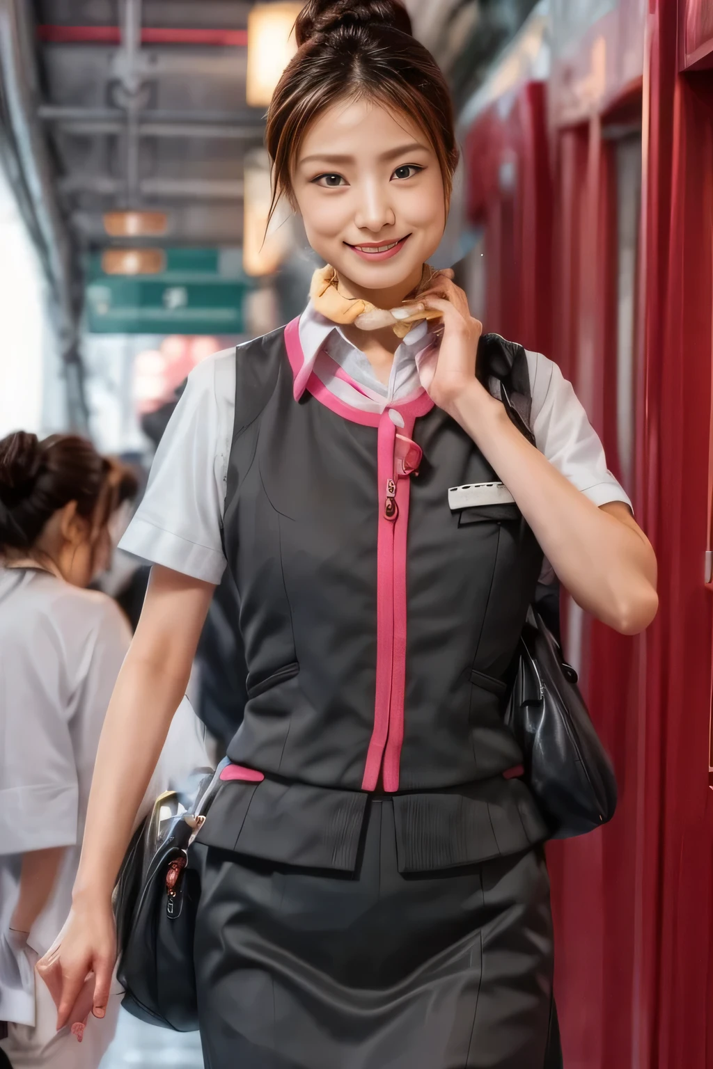 (masterpiece:1.2, highest quality:1.2), 32K HDR, High resolution, (alone、1 girl)、（At the station platform、Professional Lighting）、Background of an empty station platform、（Realistic style of JR Gran Class crew wearing uniform）、Short sleeve blouse、a scarf around the neck、（JR Gran Class flight attendant uniform with pink parts on the skirt sleeves）、（JR Gran Class flight attendant uniform with pink line on front zipper of vest）、Dark brown hair、（Hair tied up、Hair Bun、Hair Bun）、Dark brown hair、Long Shot、Big Breasts、（（Great hands：2.0）），（（Harmonious body proportions：1.5）），（（Normal limbs：2.0）），（（Normal finger：2.0）），（（Delicate eyes：2.0）），（（Normal eyes：2.0））)、Luxury Necklace、smile、Beautiful standing posture,Place your hands around your stomach