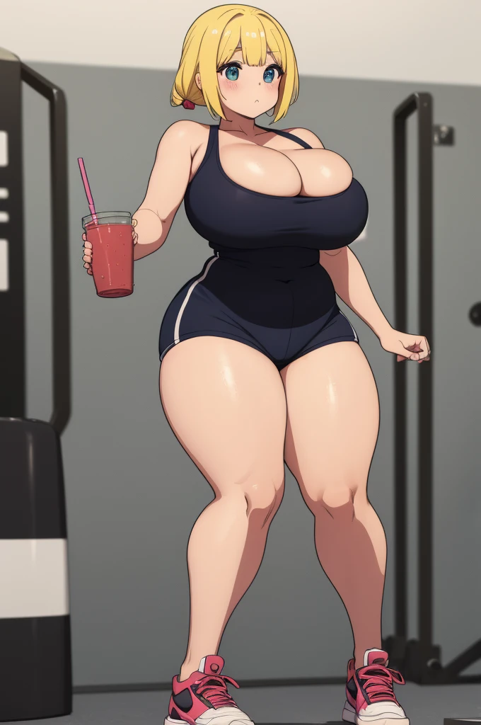 make yellowhaired chubby girl in too tight shorts she's drinking shake at the gym