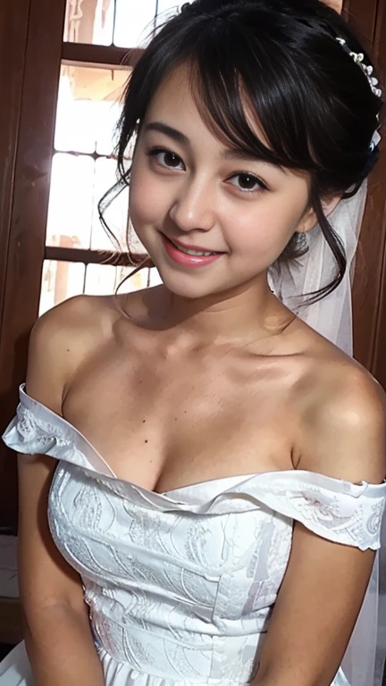 Young girl in wedding dress and updo, Off-shoulder neckline, and a long veil. her face is young and innocent, Looks like a . She looks at the camera with a playful expression. Detailed artwork with vivid illustrations, Realistic colors, Capture every detail. The medium of digital painting, Guaranteed best quality and high resolution (4K or 8K). soft and romantic lighting, creating a dream-like atmosphere. The overall color is warm and gentle................, Highlight the joy and beauty of your wedding scene.frontage、full body Esbian、A smile