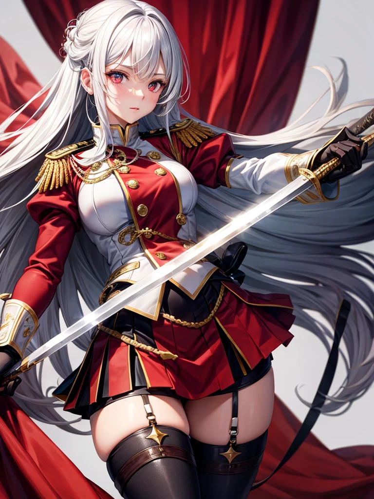 silver hair girl, red eyes, medium breasts, sexy body, military uniform ((detail)), carrying a sword, graceful position ((gallant)), ((Royal background)), With ((mini skirt and stockings))