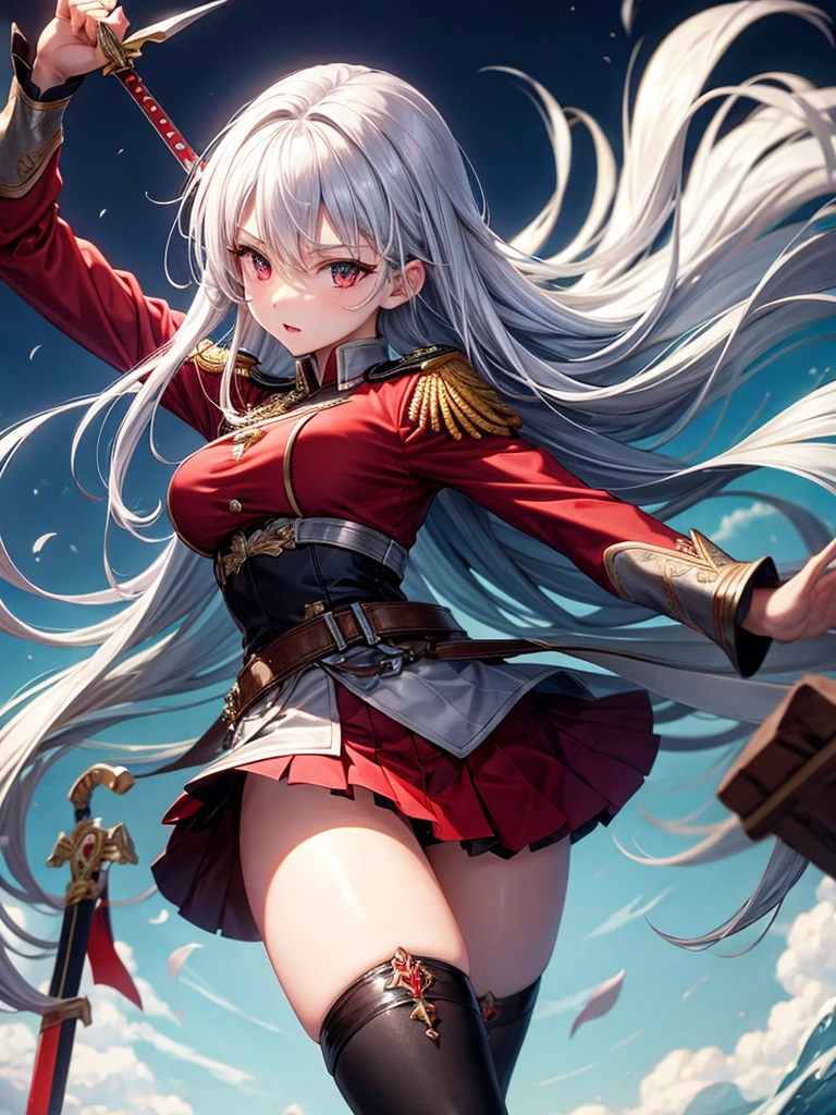 silver hair girl, red eyes, medium breasts, sexy body, military uniform ((detail)), carrying a sword, graceful position ((gallant)), ((Royal background)), With ((mini skirt and stockings))