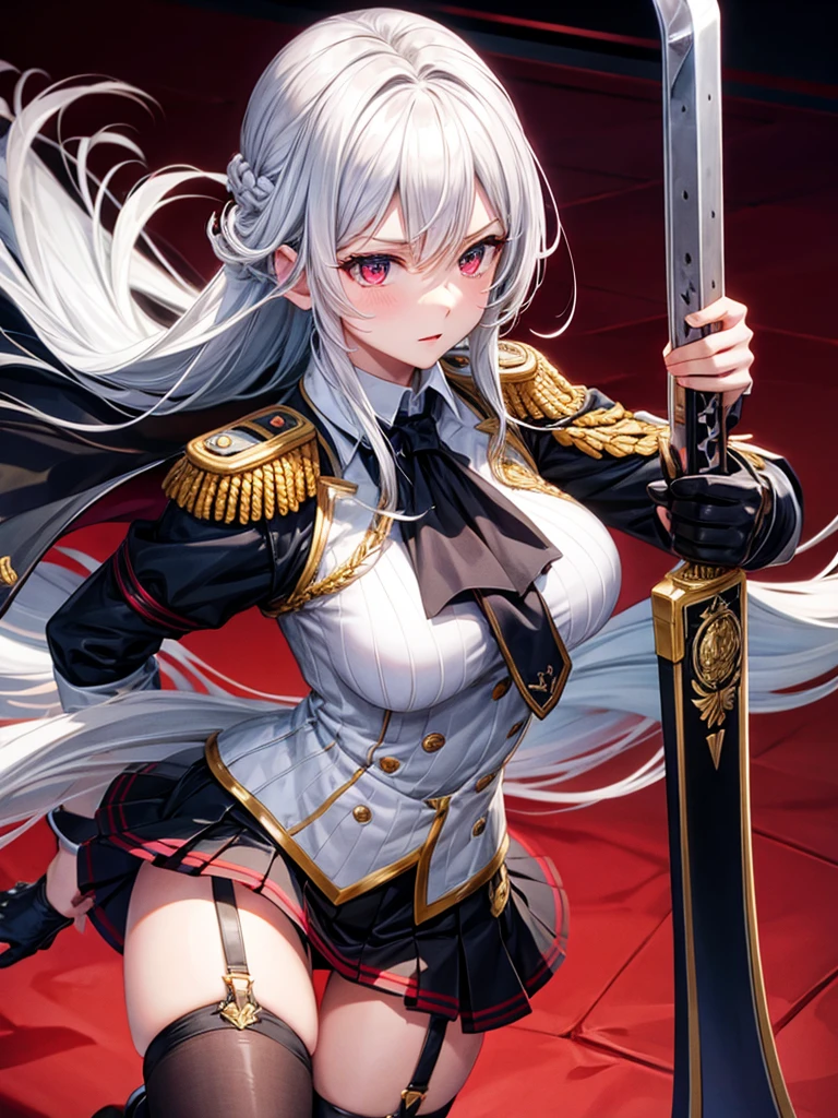 silver hair girl, red eyes, medium breasts, sexy body, military uniform ((detail)), carrying a sword, graceful position ((gallant)), ((Royal background)), With ((mini skirt and stockings))