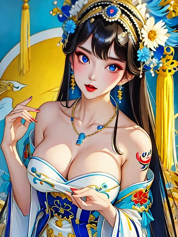 Sagisawa Fumika, 1 Girl, Solitary, watch, pendant watch, blue eyes, breast, Gloves, Headdress, skirt, long hair, cleveage, looking at the audience, white Gloves, Bare shoulders, open mouth, large breast, Strapless, Necklace, blush, white skirt, Black Hair, brown hair, Hair between the eyes, Strapless skirt, clavicle, Smile, Bangs, on stage,Koi tattoo on body