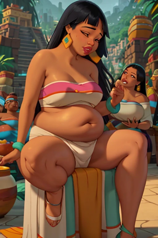 (Masterpiece), (best quality), (detailed), 1girl, (Chel from road to el dorado), Chel force feeding, fat belly, super bloated, chel tied up to a chair,Chel being fed against her will by men,