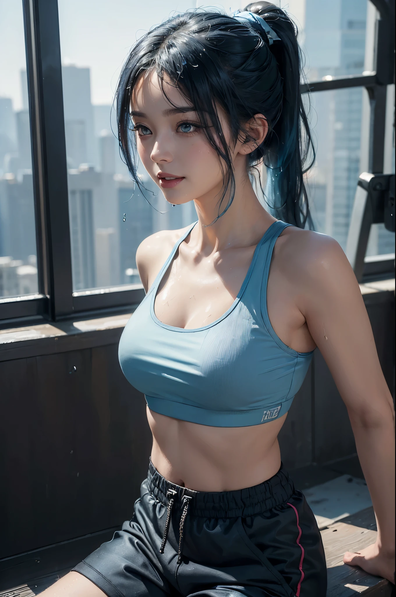 (1 Sexy Woman, Solo, Blue Hair, Wet Hair, Ponytail, sports wear, sports bra, short pants, gym, Smile:1.4), top-quality, ultra-detailliert, masterpiece, realisitic, (Detailed Eyes, small and slightly plump lips, Beautiful Legs, Thigh, Beautiful Eyes, glossy lip, abdominals, cleavage:1.2), (Cowboy Shot:1.2), (Extremely-Close-up:1.3), (Beautiful gym, Morning), ((anatomically correct)), (Futuristic Portrait), 1 girl only, Shining ultra high resolution beautiful skin, Rim Lighting, Cinematic Light, Look at viewer, no futuro telhado de luz neon, SSCI - FI e Fantasia, intrincado e muito bonito e elegante, altamente detalhado, pintura digital, art-station, arte conceitual, smooth and sharp focus, illustration, Arte de Tan Zi e Ayanamikodon e Alphonse Mucha e Wlop
